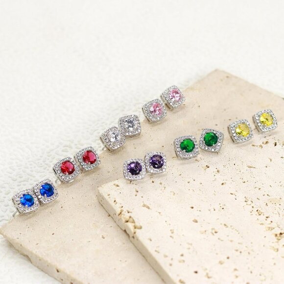 Women's Green Square Simulated Dainty Diamond Halo Sparkling Stud Earring - Picture 7 of 9